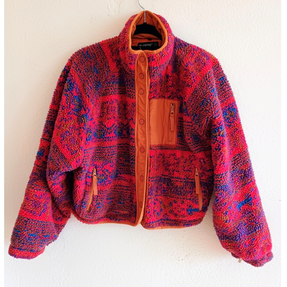 BLANKNYC Pink Orange Blue Aztec Sherpa Fleece Cropped Jacket Mock Neck Medium